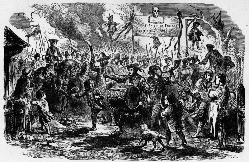 Uma ilustração representando um grupo de colonos revoltados protestando contra a Lei do Selo.
