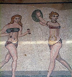 Gamle romerske kvinner som trener i bikini. Romersk mosaikk fra Piazza Armerina, Sicilia.