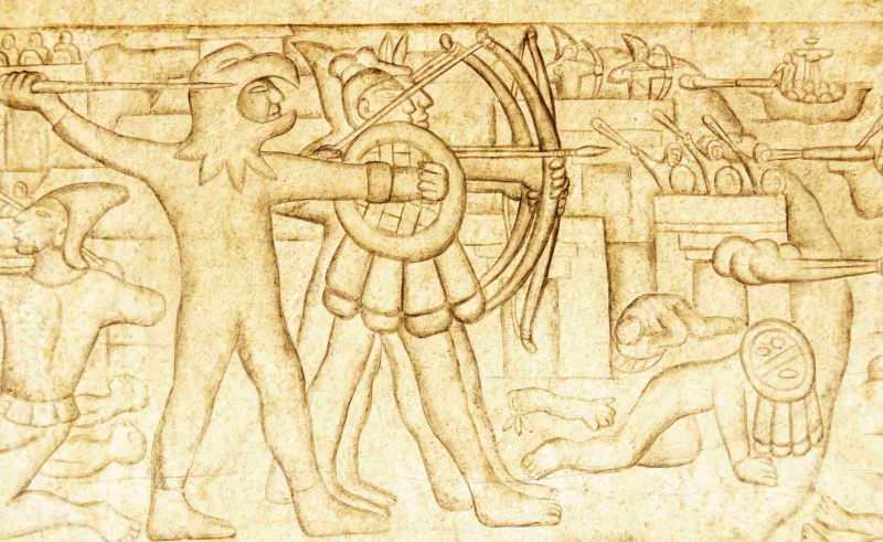 art illustrant des guerriers aztèques combattant les espagnols