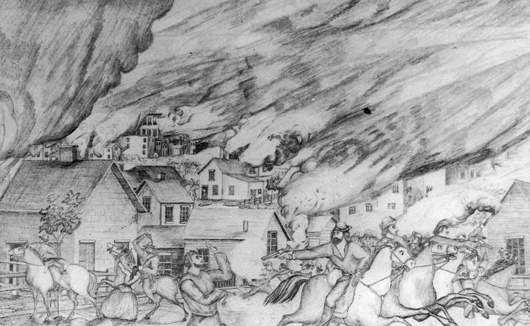 William Clarke Quantrill et ses hommes à cheval à travers Lawrence, Kansas et tuant des civils