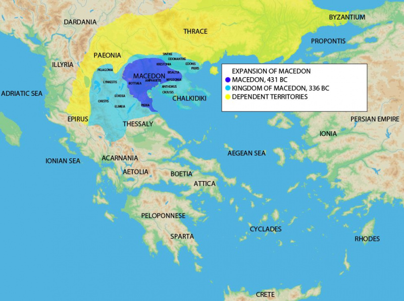 Mapa mostrando a expansão da Macedônia em 431 a.C. e 336 a.C.