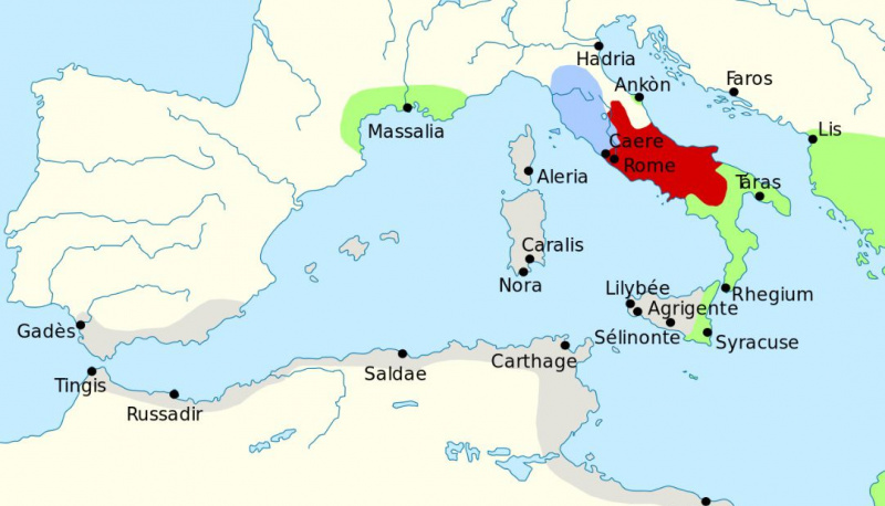 Mapa mostrando a área do Mediterrâneo ocidental em 279 a.C.