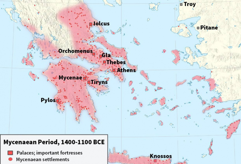 Mapa mostrando a civilização micênica em 1400 a 1100 aC.