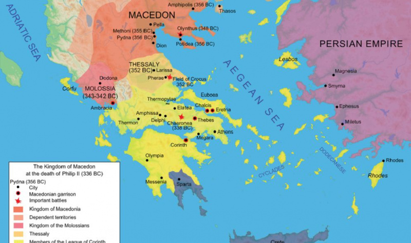 Mapa da antiga região do mar Egeu em 336 a.C.