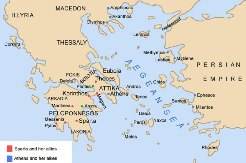 Mapa mostrando facções durante a Guerra do Peloponeso.