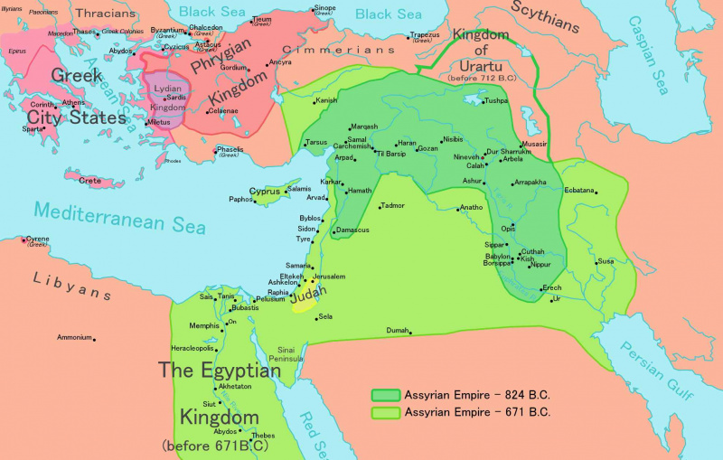 Mapa mostrando os impérios assírio, egípcio e bizantino de 824 a 671 a.C.