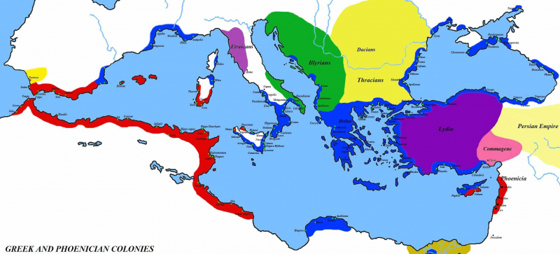 Mapa mostrando assentamentos gregos e fenícios em 550 a.C.