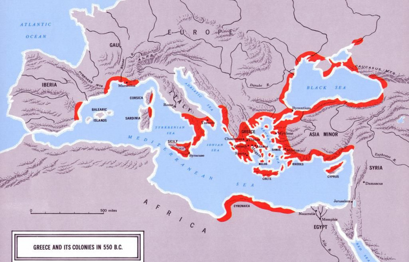 Mapa mostrando a Grécia e suas colônias em 550 a.C.