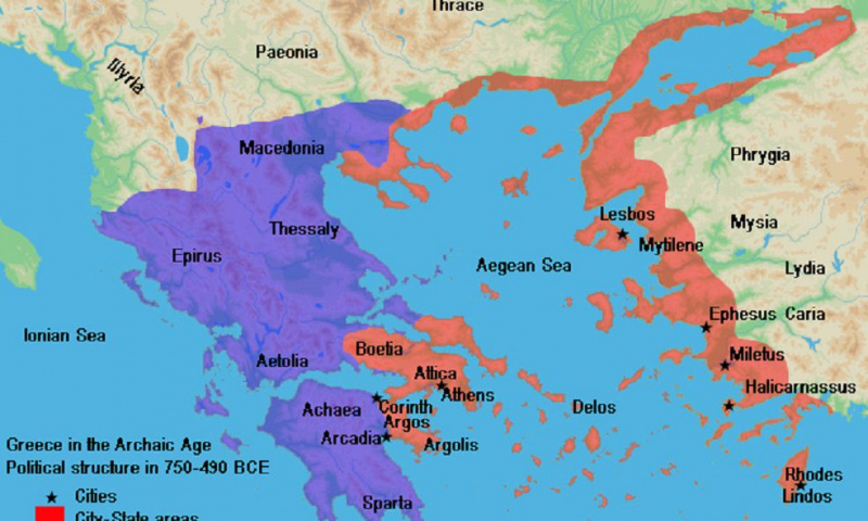 Mapa da Grécia antiga de 750 a 490 a.C mostrando o Mar Egeu.