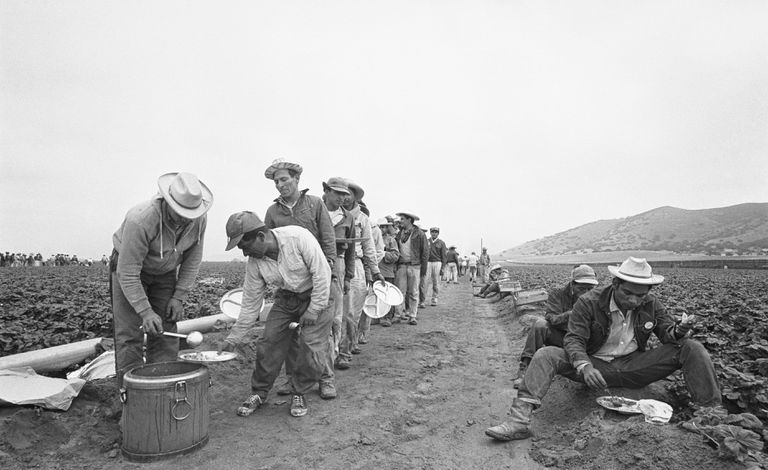 Hombres en línea para conseguir comida; trabajadores