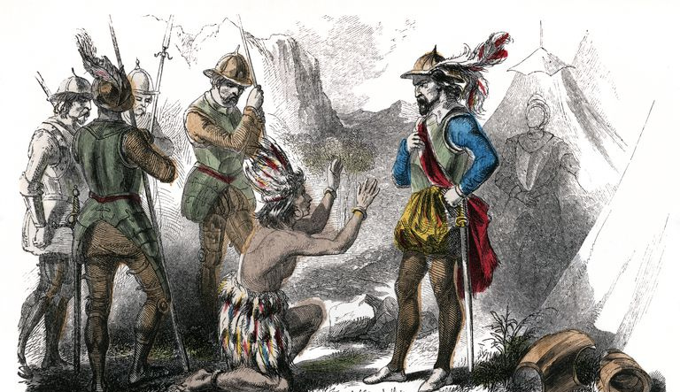 Atahualpa ajoelhado diante do conquistador espanhol Pizarro