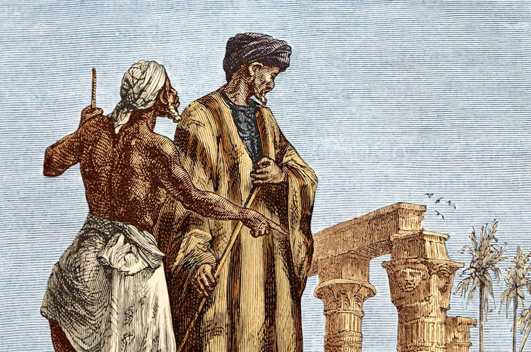 Grabado de mediados del siglo XIX de Paul Dumouza que representa a Ibn Battuta en Egipto.