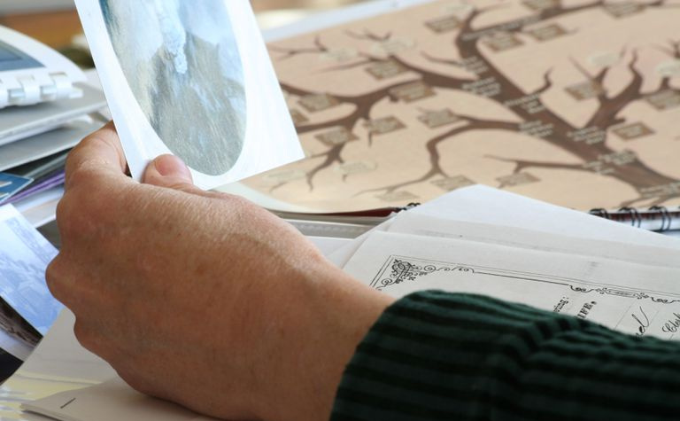 Trzymanie zdjęcia przodka w pobliżu drzewa genealogicznego.