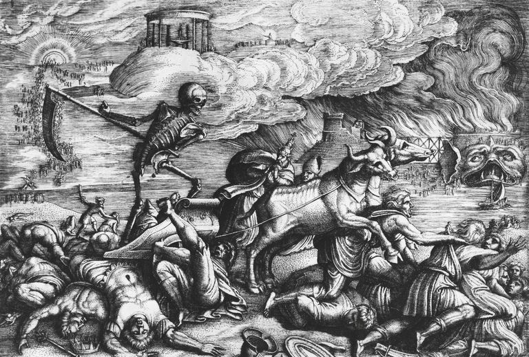 Triumphus Mortis, o la alegoría de la muerte, un esqueleto con guadaña que encarna la muerte cabalga sobre un carro conducido por dos bueyes y pisotea a la humanidad, escena inspirada en Los triunfos de Francesco Petrarca (1304-1374), grabado de Georg Pencz (ca 1500 -1550), de Inventaire des gravures des ecoles du Nord, Tomo II, 1440-1550.