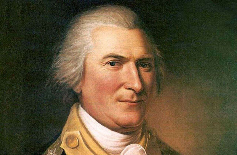 Major General Arthur St. Clair em um uniforme azul do Exército Continental.