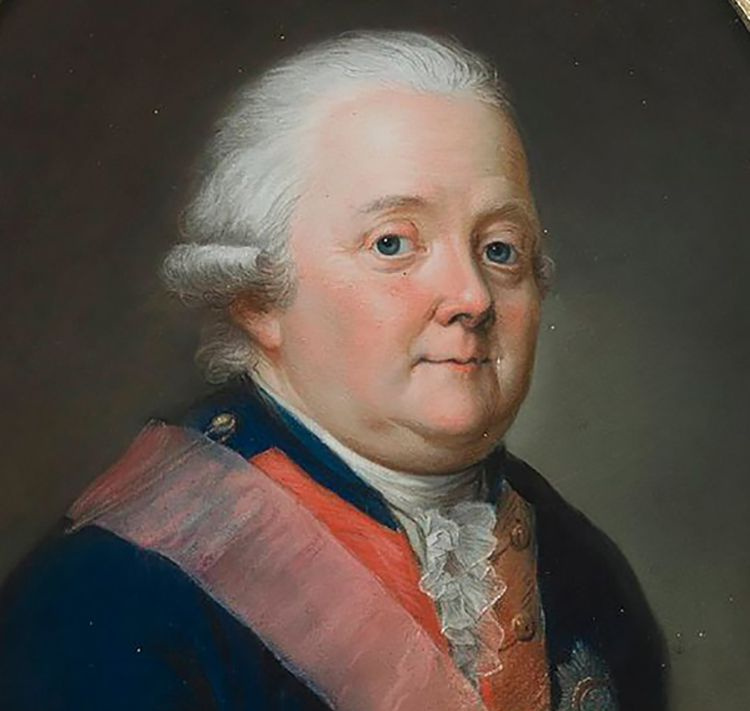 Friedrich Adolf Riedesel em um uniforme militar azul com lapelas vermelhas.