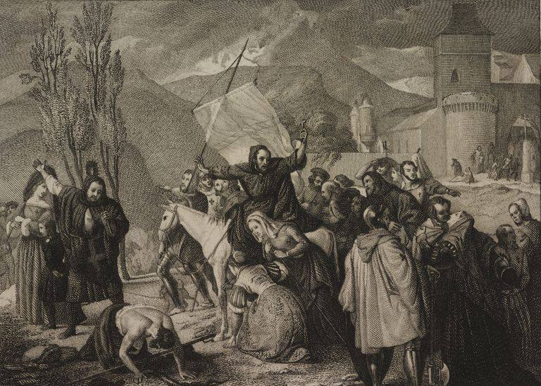 Peter Hermit forkynte om korstog, gravering fra maleri av Francesco Hayez, fra Exhibition of Fine Arts i Brera, 1830