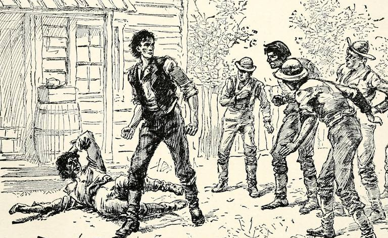 Ilustracja z końca XIX wieku przedstawiająca Abrahama Lincolna walczącego w młodości.
