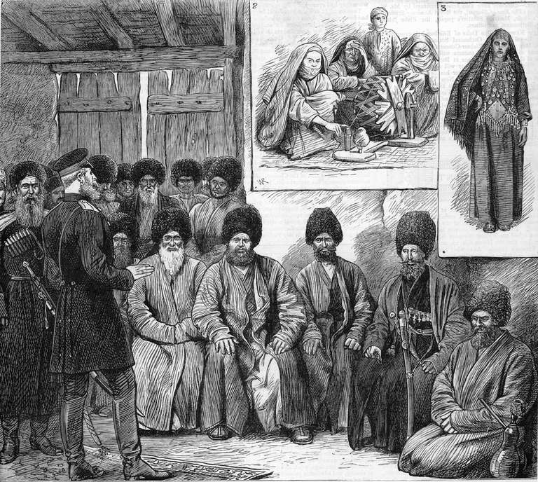 En russisk offiser forhandler med en gruppe turcomanske (turkmenske) eldste