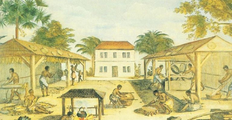 Pintura de 1670 mostrando escravos trabalhando em uma plantação.
