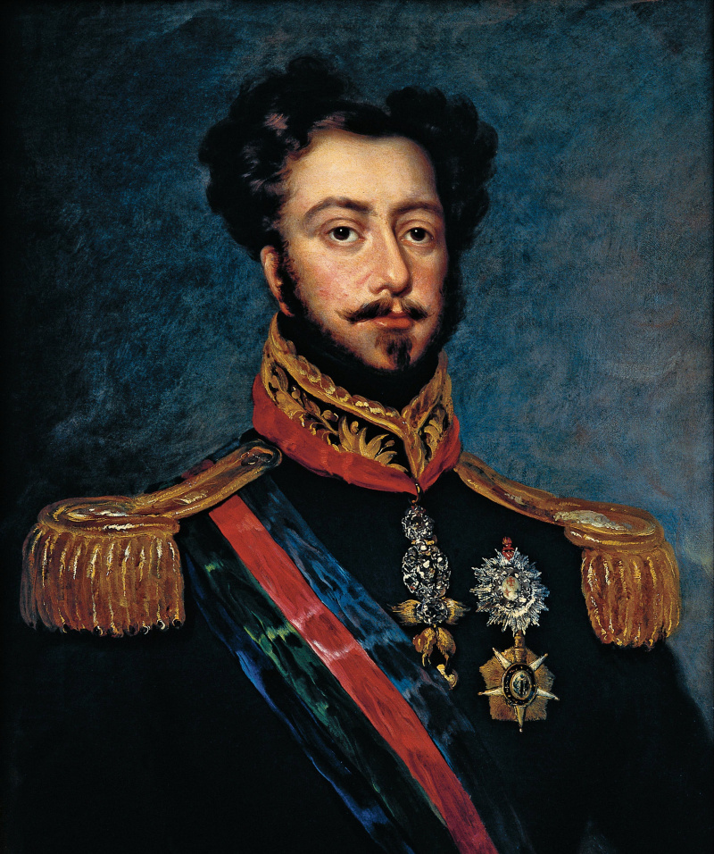 Halbfiguriges gemaltes Porträt eines braunhaarigen Mannes mit Schnurrbart und Bart, der eine Uniform mit goldenen Epauletten und dem Orden vom Goldenen Vlies an einem roten Band um den Hals und eine gestreifte Amtsschärpe über der Brust trägt