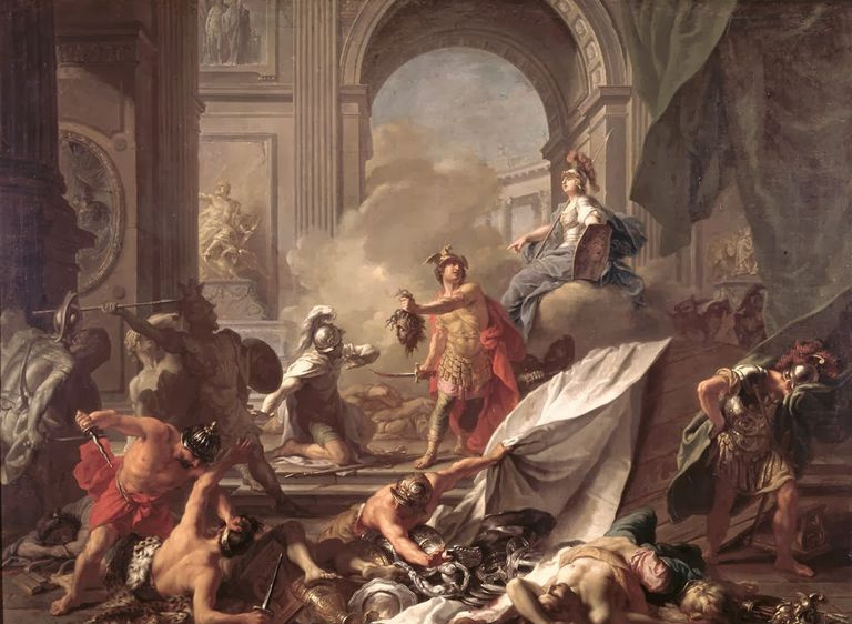 Obraz olejny przedstawiający Perseusza trzymającego głowę Meduzy.