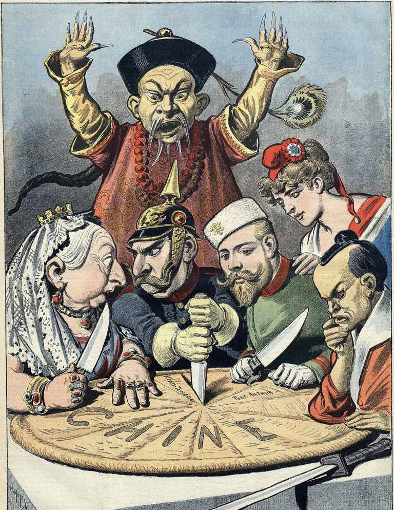 Storbritannia, Tyskland, Russland, Frankrike og Japan skjærer den kinesiske kaken i innflytelsessfærer mens en manchu-tjenestemann ser hjelpeløst på