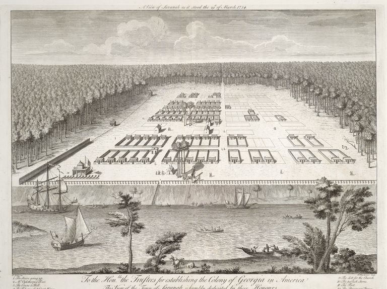 Un mapa impreso de Savannah, Georgia, alrededor de 1734