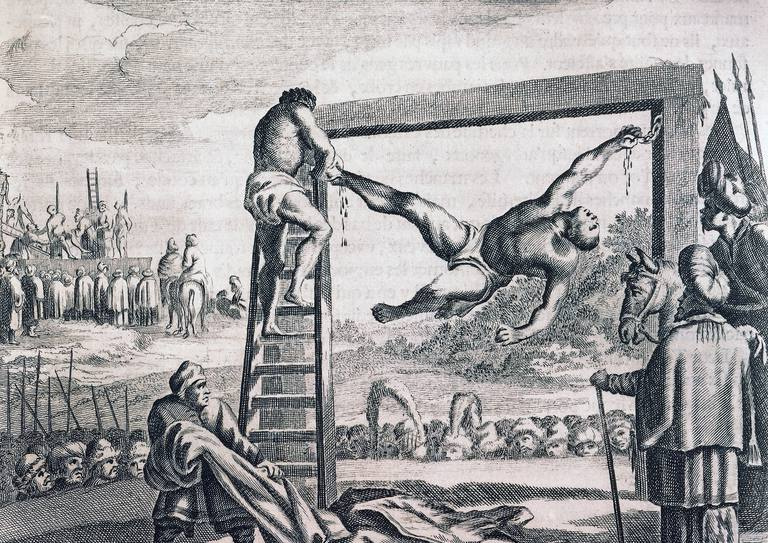 Kara zniewolonych, zwyczaj muzułmański, rycina z Opisu Afryki, Olfert Dapper (ok. 1635-1689), 1686, Afryka, XVII w.