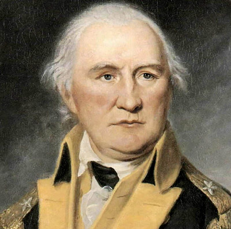 Daniel Morgan i blå Continental Army-uniform.
