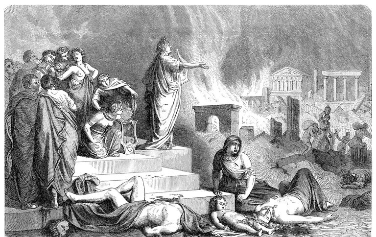 Ilustracja Nero z płonącym Rzymem w tle