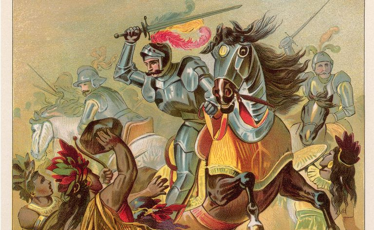 Desenho colorido representando o conquistador espanhol Hernando Cortez, por volta de 1500.