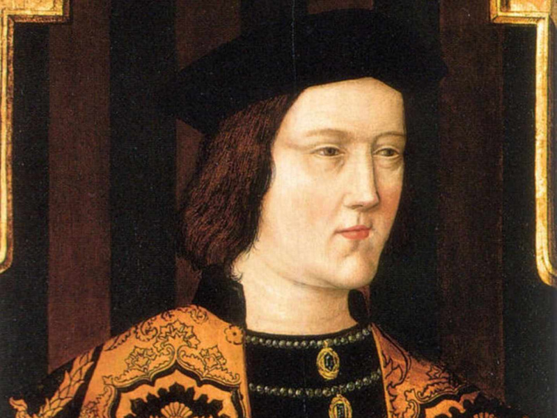 Portret króla Edwarda IV w pomarańczowych szatach i czarnym kapeluszu.
