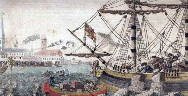 Gemälde der Boston Tea Party, das Menschen zeigt, die Tee in den Hafen von Boston kippen.