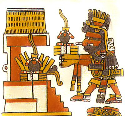 Aztekischer Gott Xiuhtecuhtli mit einer Darbringung von Gummibällen.