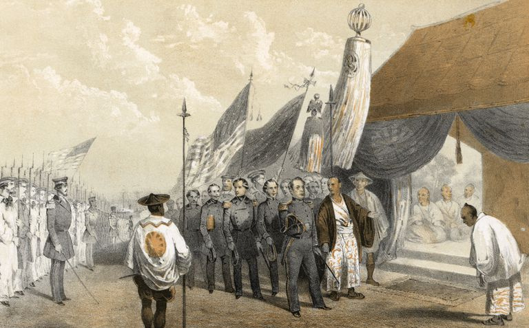 Ilustração do Commodore Petty reunido com oficiais japoneses
