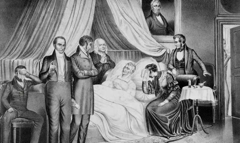 William H. Harrison auf seinem Sterbebett mit Besuchern