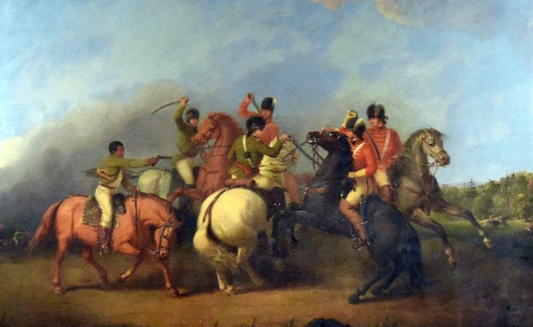 Luta de cavalaria na Batalha de Cowpens retratando um soldado negro disparando sua pistola para salvar William Washington em 17 de janeiro de 1781