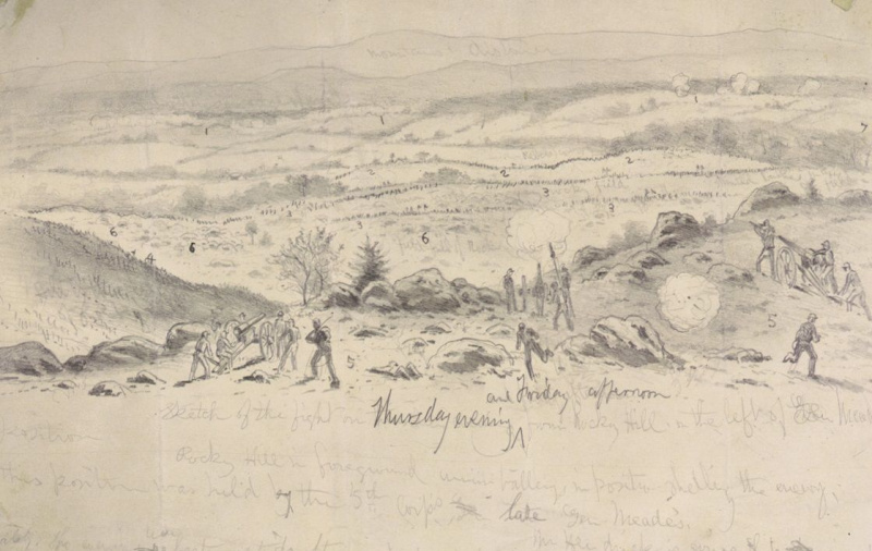Posições sindicais em Little Round Top retratadas em esboço de guerra pelo artista Edwin Forbes