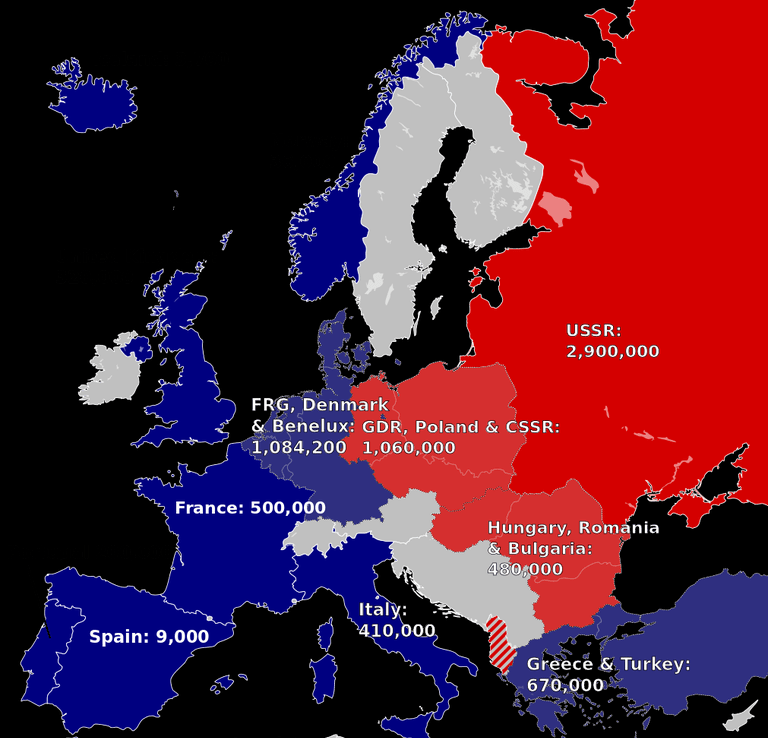Mapa da Europa mostrando a OTAN e o Pacto de Varsóvia