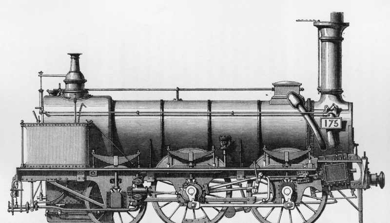 Tvaika lokomotīve ar 0-4-2 riteņu izvietojumu, Džordža (1781-1848) un Roberta Stīvensona (1803-1853), būvēta uzņēmumam Cambrian Railways, Apvienotā Karaliste, gravējums