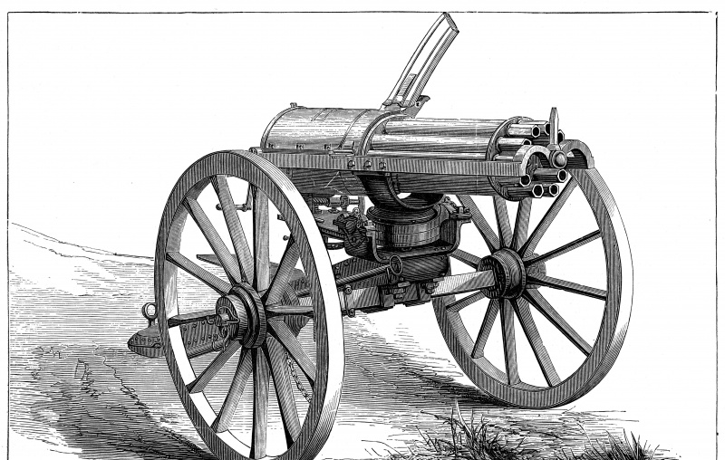 Gatlinga ātršaušanas lielgabals, 1870. Mākslinieks: Anon