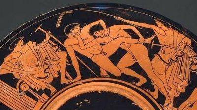 2 młodzieżowe zapasy i trenerzy. Kubek do picia (kylix), Onesimosa, ok. 1930 r. 490-480 p.n.e. Czerwona postać.