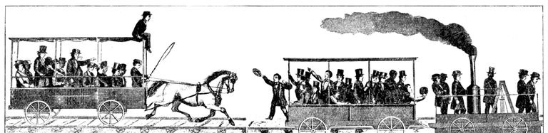 Gravure de course entre la locomotive à vapeur Tom Thumb et un train tiré par un cheval.