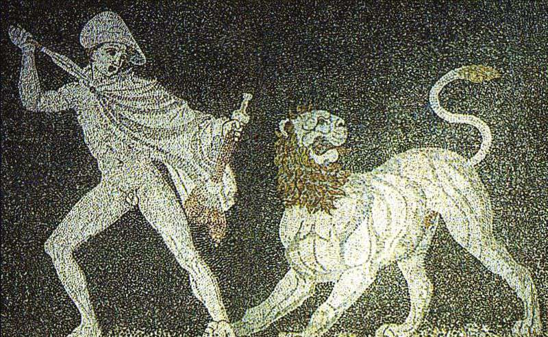 Aleksandrs cīnās ar lauvas mozaīku