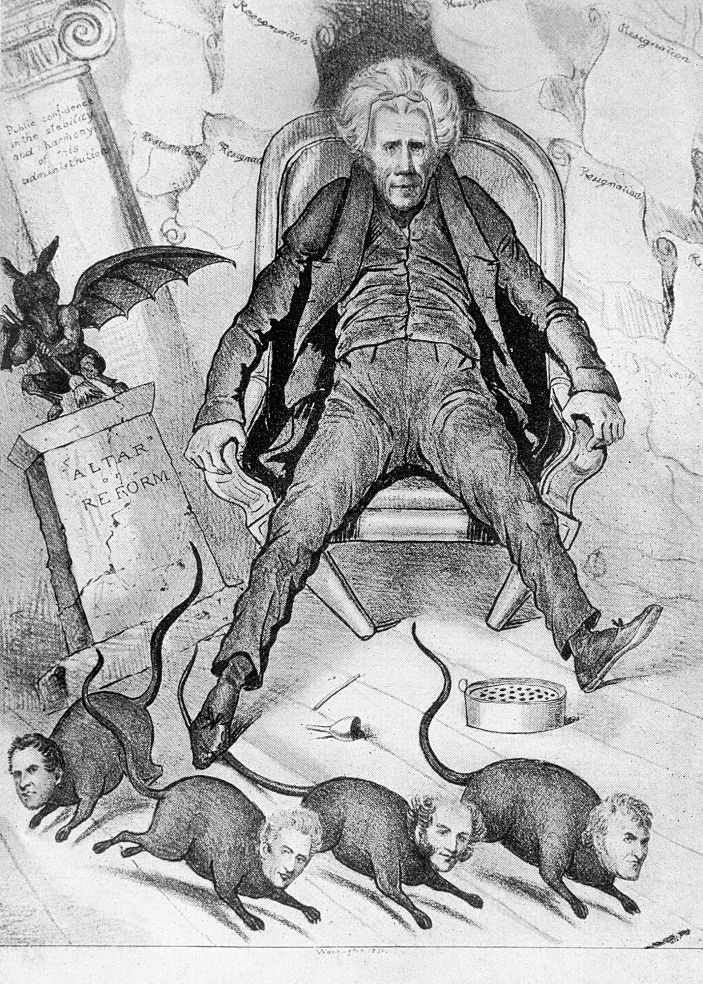 Politična risanka prikazuje predsednika Andrewa Jacksona, ki osuplo sedi, medtem ko njegov kabinet, predstavljen kot podgane, beži, da bi pobegnil iz njegove hiše, ki se razpada zaradi političnega škandala okoli Peggy O.