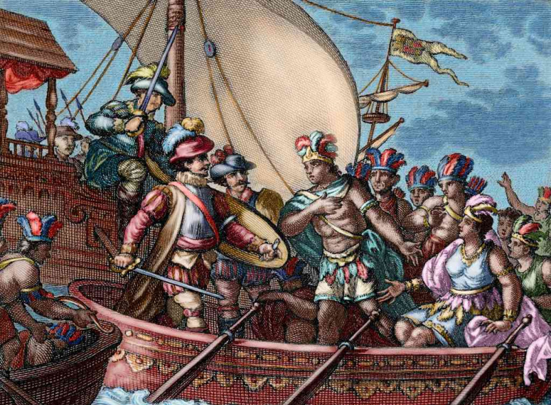 Eroberung Mexikos. Eroberung von Cuauhtemoc. Farbige Gravur.