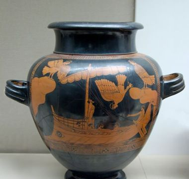 Sirēnu gleznotāja Odisejs un sirēnas. Bēniņu sarkanfigūras stamnos, c. 480-470 p.m.ē.