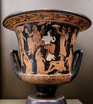 Dionīss, Ariadne, satīri un maenādes. Mansarda sarkanas figūras kausiņa kratera A puse, c. 400-375 p.m.ē.