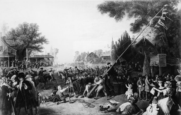 Künstlerische Darstellung der Ereignisse Ende der 1790er-Jahre mit Personengruppen und Gebäuden.
